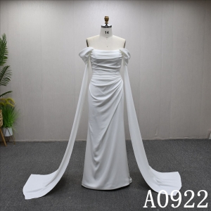 Mermaid wedding dress with off-the-shoulder sleeves, minimalist design and pleated detailing