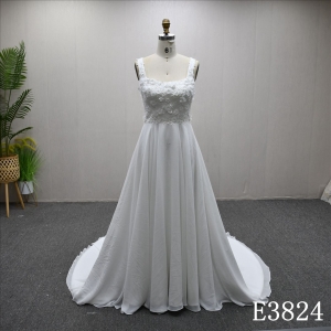 A-line soft wedding evening dress, straight neckline, shoulder straps, three-dimensional flowers