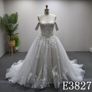 Beautiful unique color luxury A-line wedding evening dress with lace flowers and beading and sequins all over