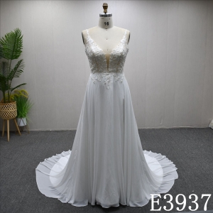 2025 new style V-neck A-line crepe soft fabric lace hot selling wedding dress