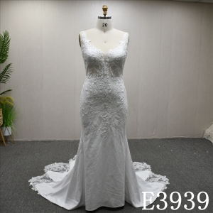 Straps off the shoulder square neckline- applique beaded sequins elegant slim- mermaid wedding dress