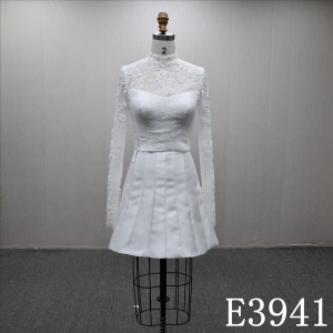 Detachable long-sleeved lace top A-line short skirt evening gown wedding dress