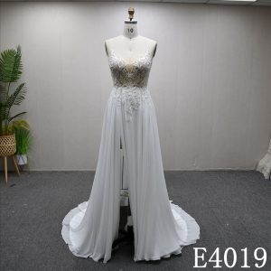 Elegant Spaghetti straps lace beaded sequins A-line front slit bridal gown