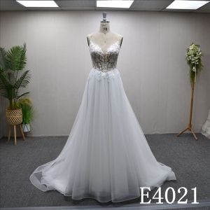 New lace sequined V-neck backless zipper button A-line wedding evening gown