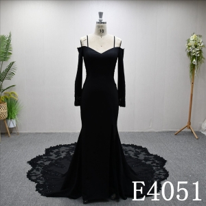 New black A-line wedding dress with unique V-neck design and back zipper and buttons