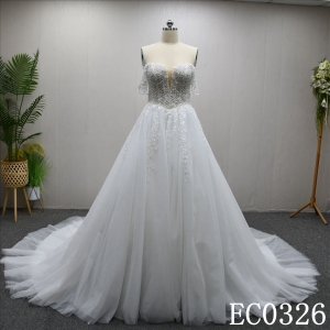 Beautiful unique luxury A-line wedding evening dress with lace flowers and beading and sequins