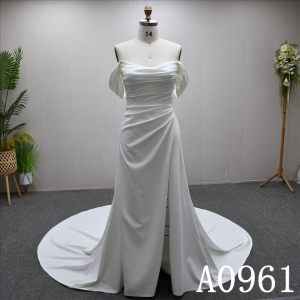 Elegant off-sleeve, minimalist design, pleated A-line wedding dress with a back zipper.