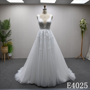 Beautiful unique luxury A-line wedding evening dress with lace flowers and beading