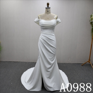 Best selling A-line dress, simple satin design, sweep train wedding evening gown
