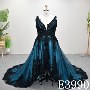 Unique A-line wedding dress in black and blue, with a sweetheart neckline and intricate design