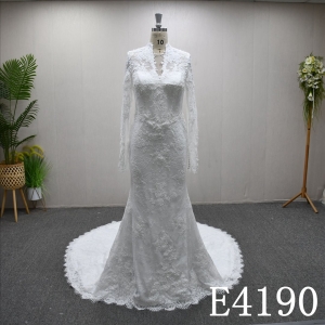 An A-line wedding dress with a all body lace design and a zipper and buttons at the back.