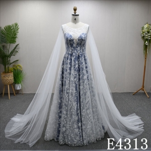 Beautiful unique Ivory and blue A-line wedding evening dress with full-body lace