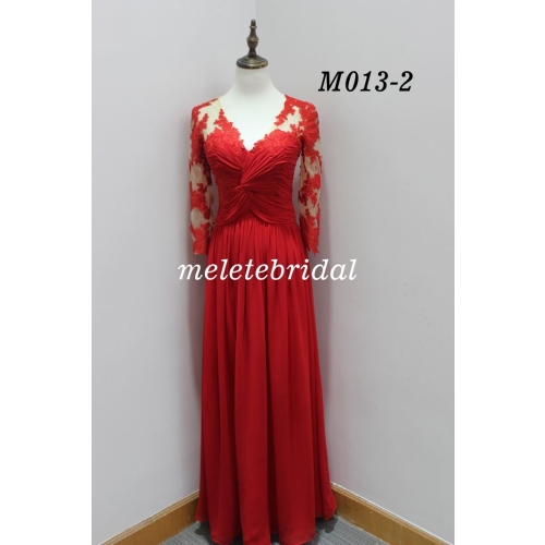 Rose red color lace details long sleeves evening dress