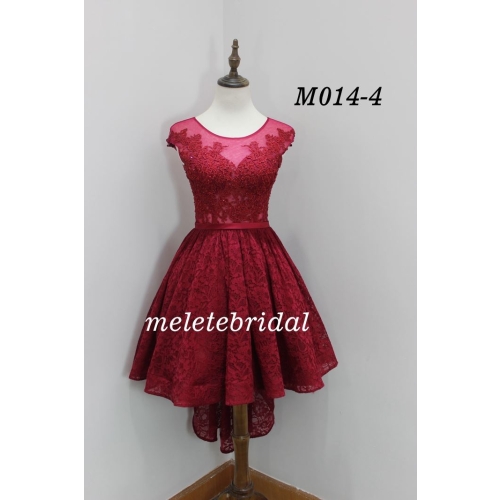 Red rose color cap sleeves cocktail dress with lace and beading details