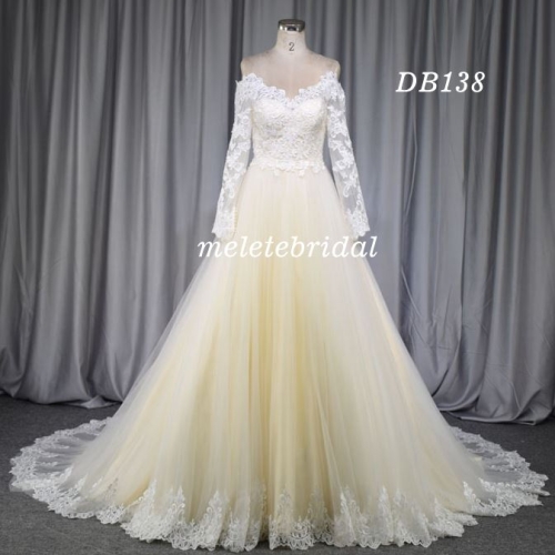 Champagne long sleeves lace applique princess style wedding gown