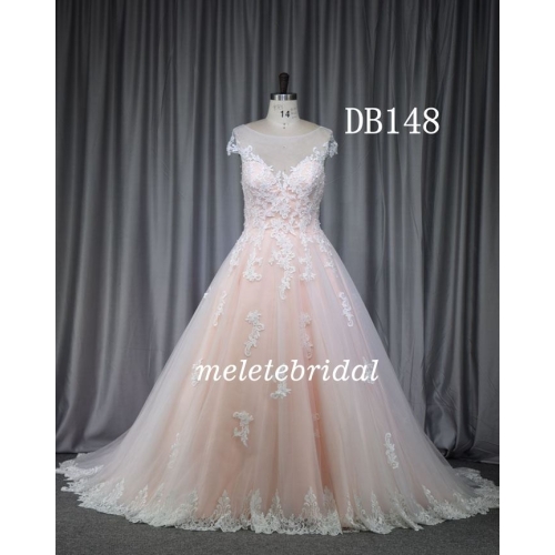 Pink color plus size bridal gown with cap sleeves