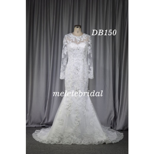 Long sleeves lace mermaid bridal gown with silver beading