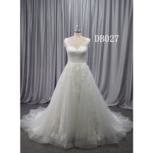 Bodice with clear beadingwork cap sleeves lace applique bridal gown