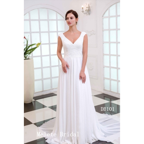 Chiffon fabric A line princess style V neckline new design bridal gown