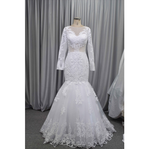 Long sleeves mermaid bridal gown lace with beading wedding dress with a detachable train