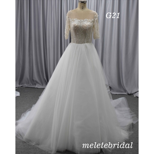 Short sleeves bling bling bodice A line wholesale price bridal gown