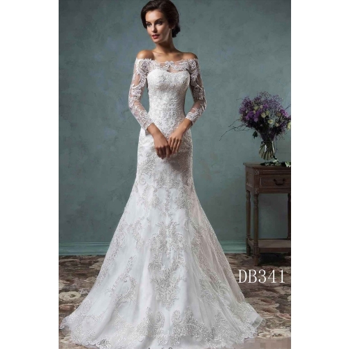 Fashion Design long sleeves straight neckline wholesale price wedding dress