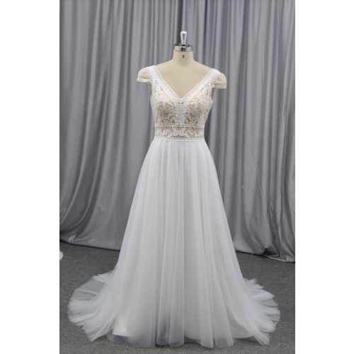 Boho wedding dress V neckline bridal gown