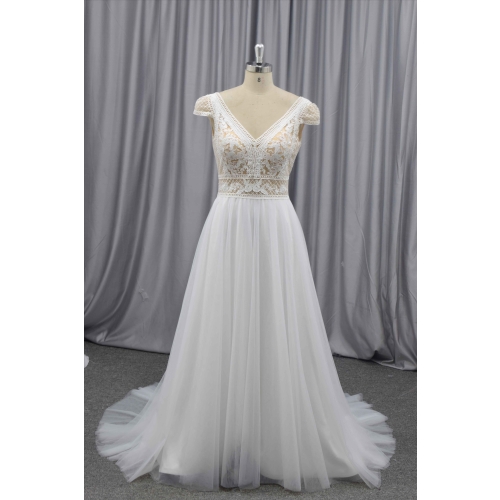 Boho wedding dress V neckline bridal gown