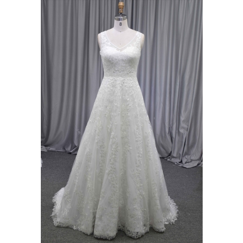 V neckline A line brilliant lace wedding dress