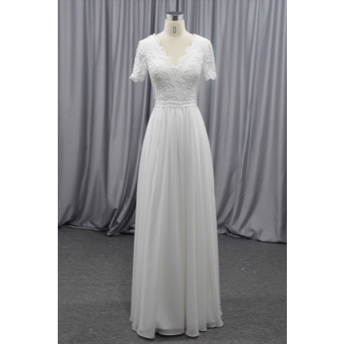 Short sleeves V neckline light chiffon gown wholesale price bridal gown