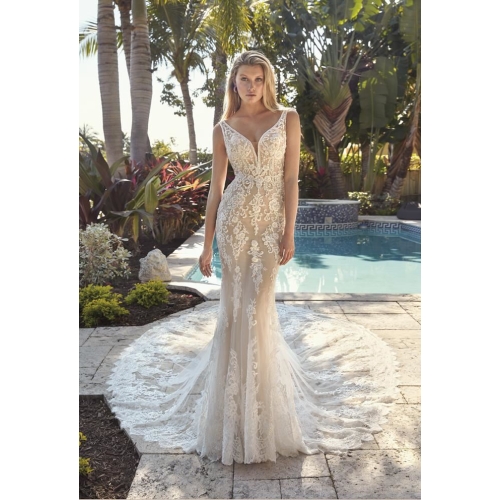 Gorgeous nude color lace mermaid gown with a beautiful train bridal dress