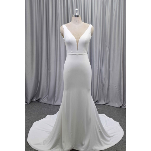 V neckline night back crepe fabric wedding dress