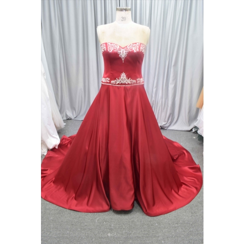 Red color satin dress embroidery lace A line bridal gown