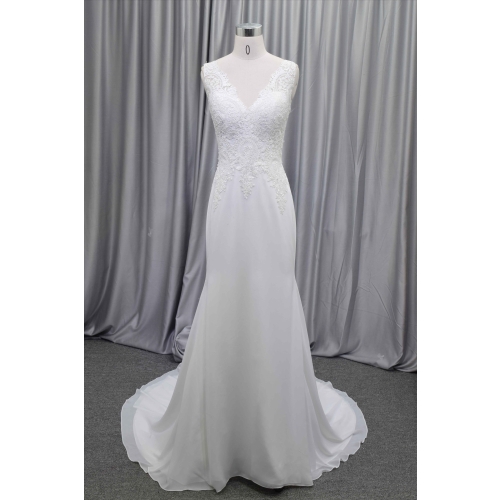 Sheath chiffon elegant wedding dress lace illusion straps bridal gown