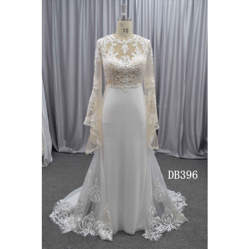 Trumpet sleeves Boho wedding dress with keyhole back