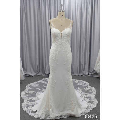Crepe with lace wedding dress Illusion back bridal gown