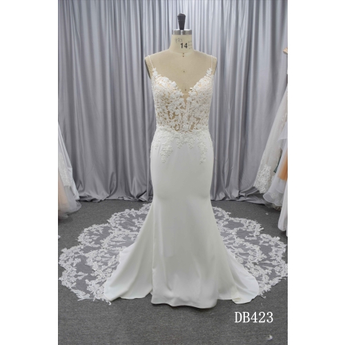 Spaghetti straps wedding dress with detachable lace train