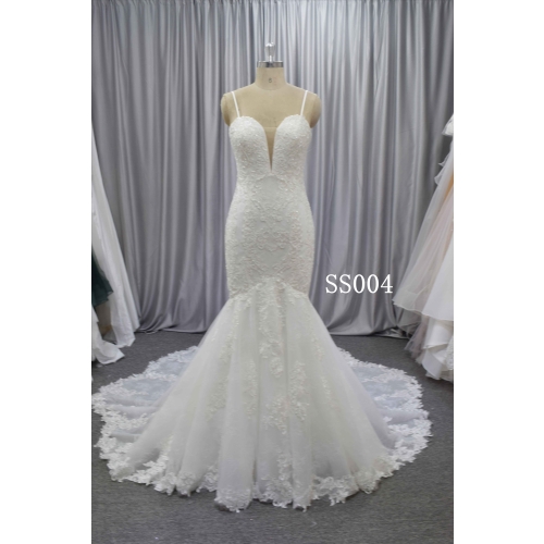 Fashionable mermaid bridal gown with spaghatti strap wedding dress in stock