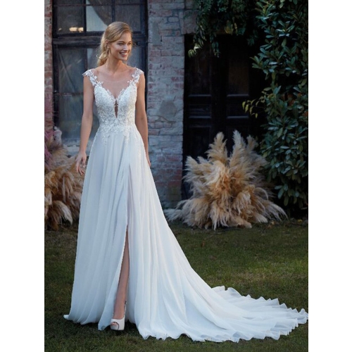 Chiffon illusion back bridal dress custom made