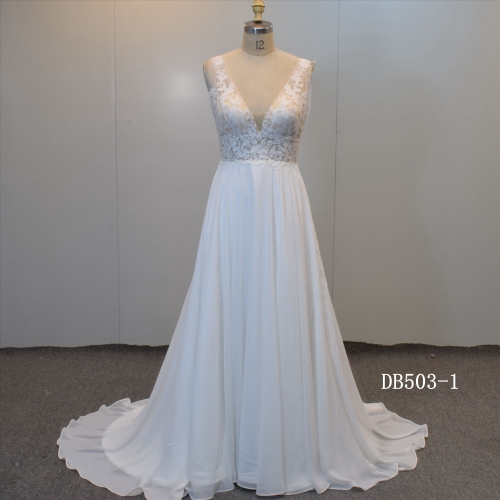 Chiffon A line V back bridal gown model design make in Guangzhou bridal gown
