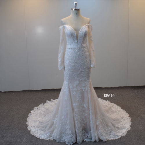 Off Shoulder Long Sleeves Champagne Color Mermaid Bridal Gown Hot Sell Women Wedding Dress