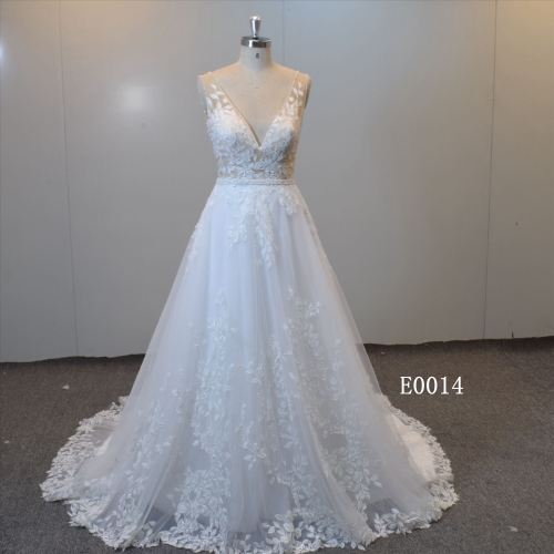 A Line Lace Bridal Gown with Illusion Bodice Wedding Dress in Wholesale Price