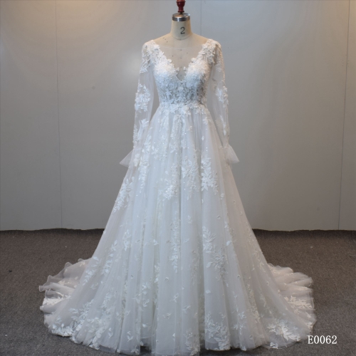 Illusion Scoop Neckline Long Sleeves A Line Bridal Gown Sequined Wedding Dress