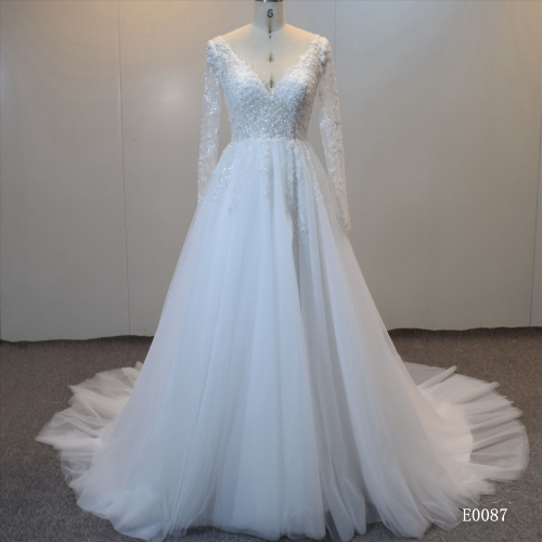 Soft Tulle Long Sleeves A Line Bridal Gown Shining Wedding Dress In China