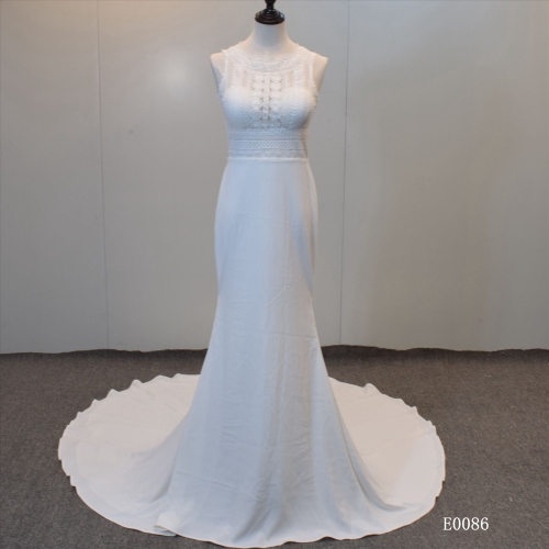 Guangzhou Factory Crepe Bridal Gown See though Bodice and Open back