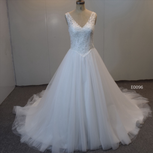 V Neckline Lace Up Back A Line Bridal Gown Sequined Wedding Dress