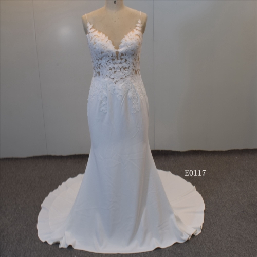 Spaghetti Straps Mermaid Crepe Fabric Bridal Gown Guangzhou Wedding Gown