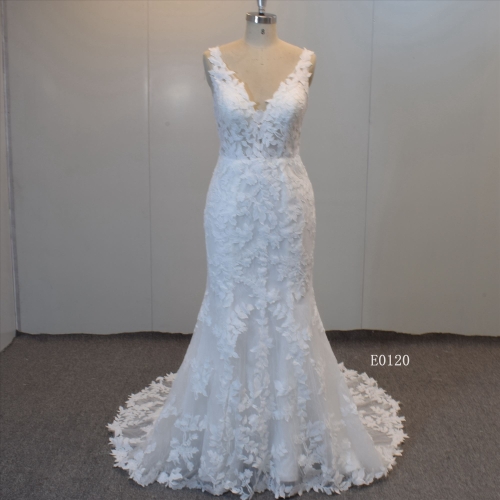 V Neckline Wedding Gown Mermaid Applique Lace Bridal Gown Guangzhou Dresses