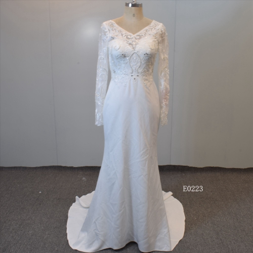 Crepe V Neckline Bridal Gown Long Sleeves Beading Mermaid Wedding Gown
