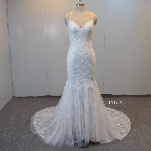 Cross Back Wedding Dress Beading Straps Bridal Gown Mermaid Bridal Dress